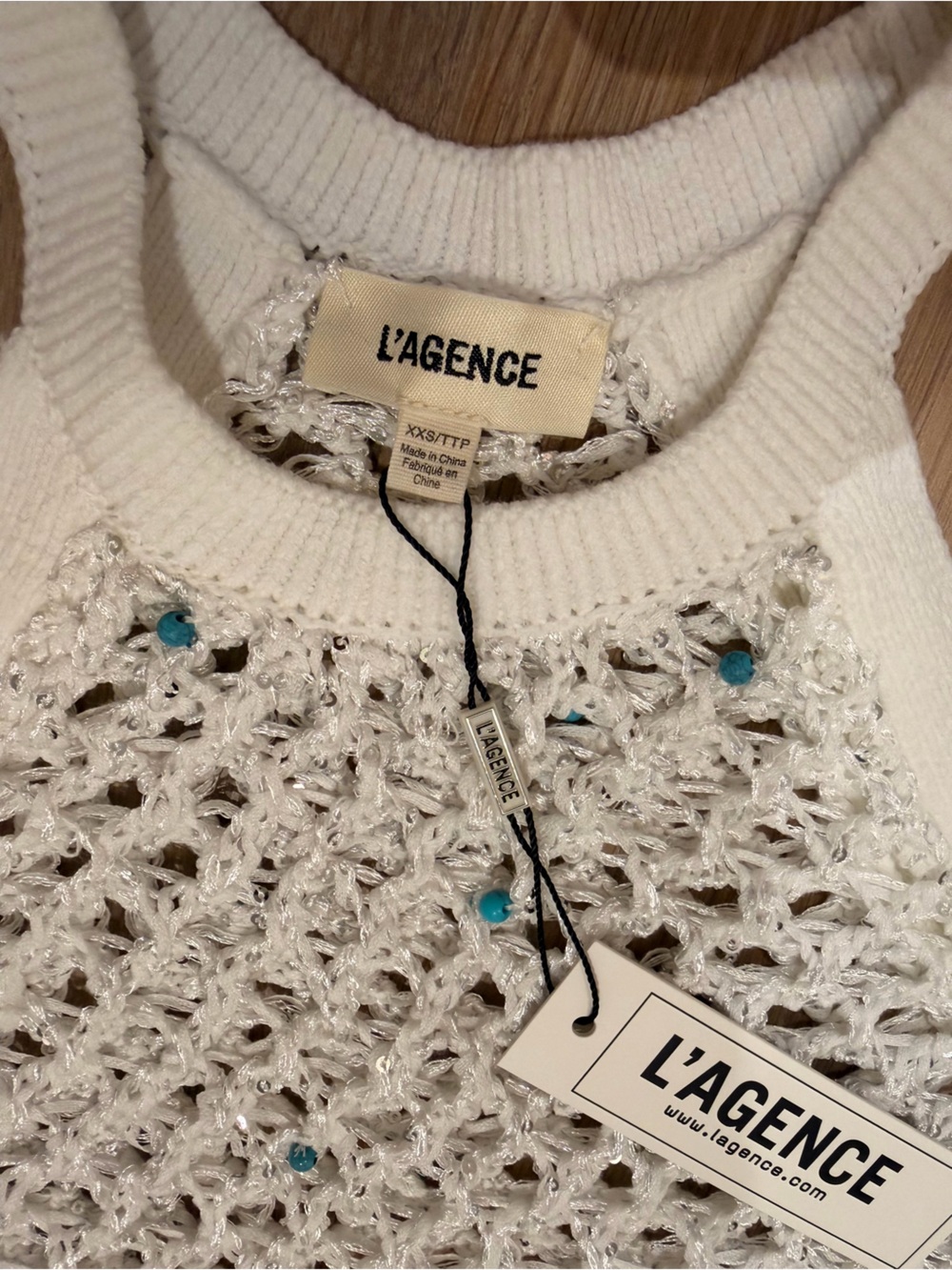 L Agence Parmida embellished open knit crochet Tank Top with Turquoise beads - Picture 5 of 7